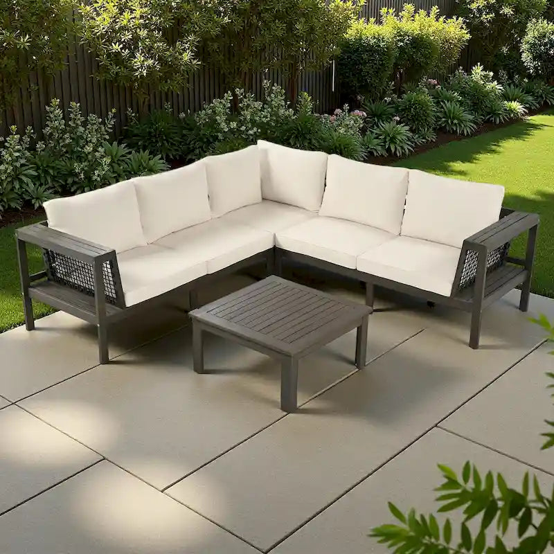 4-Pieces Outdoor Acacia Wood L-Shaped Sectional Sofa Set with Coffee Table and Arm Side Table