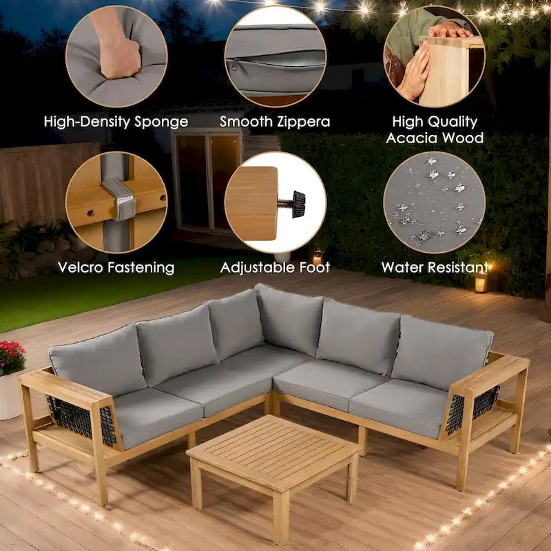 4-Pieces Outdoor Acacia Wood L-Shaped Sectional Sofa Set with Coffee Table and Arm Side Table