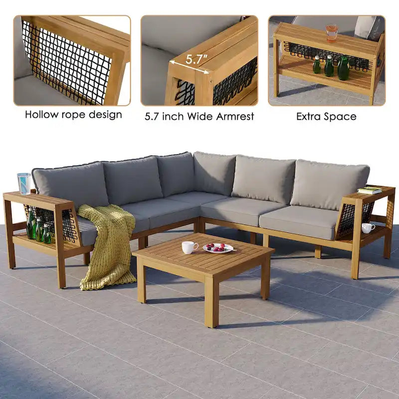 4-Pieces Outdoor Acacia Wood L-Shaped Sectional Sofa Set with Coffee Table and Arm Side Table
