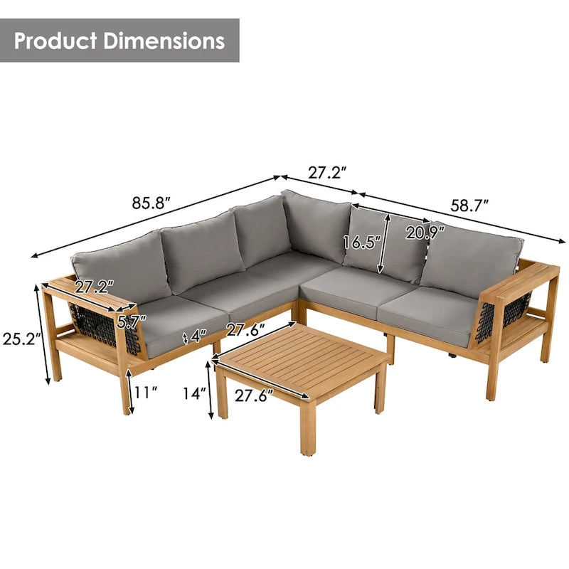 4-Pieces Outdoor Acacia Wood L-Shaped Sectional Sofa Set with Coffee Table and Arm Side Table