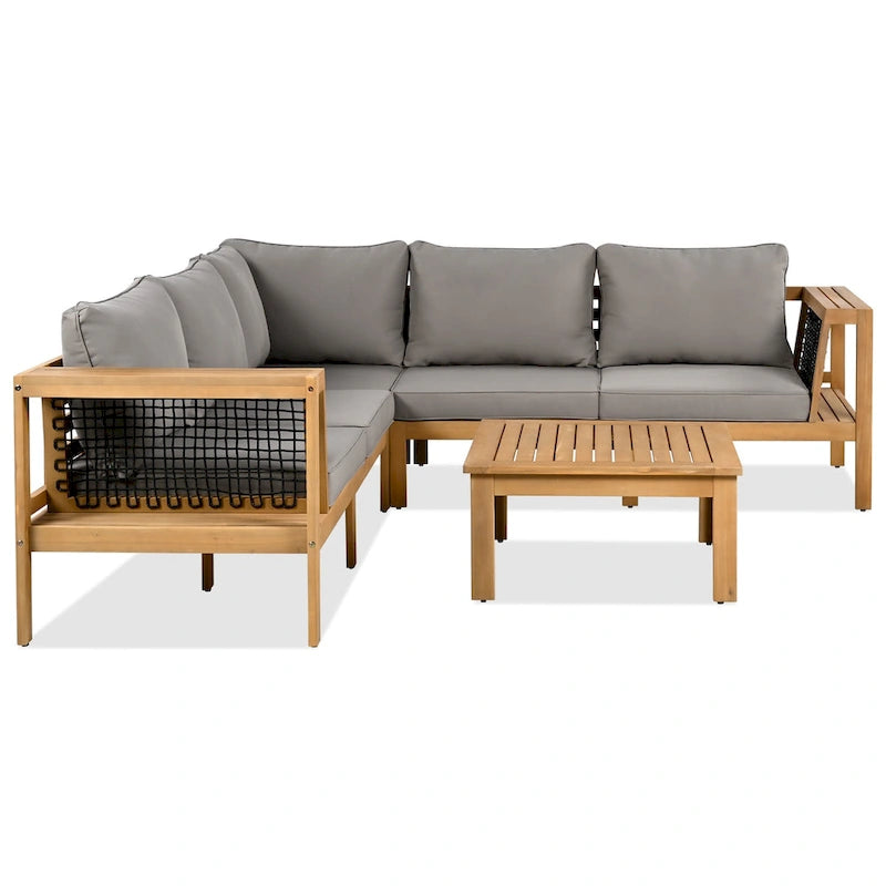 4-Pieces Outdoor Acacia Wood L-Shaped Sectional Sofa Set with Coffee Table and Arm Side Table