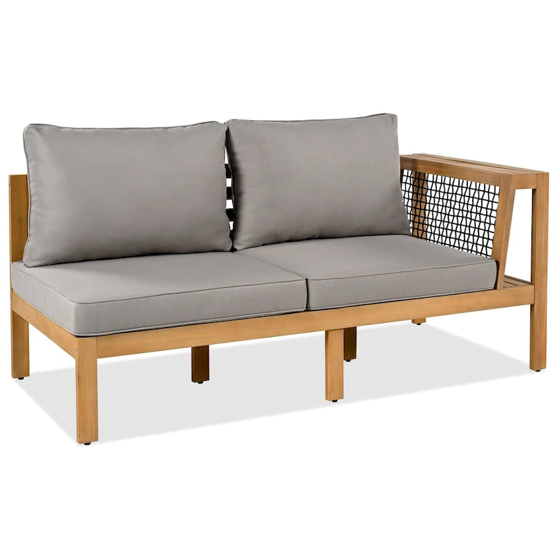 4-Pieces Outdoor Acacia Wood L-Shaped Sectional Sofa Set with Coffee Table and Arm Side Table