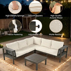 4-Pieces Outdoor Acacia Wood L-Shaped Sectional Sofa Set with Coffee Table and Arm Side Table