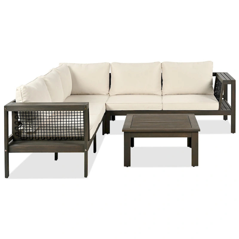 4-Pieces Outdoor Acacia Wood L-Shaped Sectional Sofa Set with Coffee Table and Arm Side Table