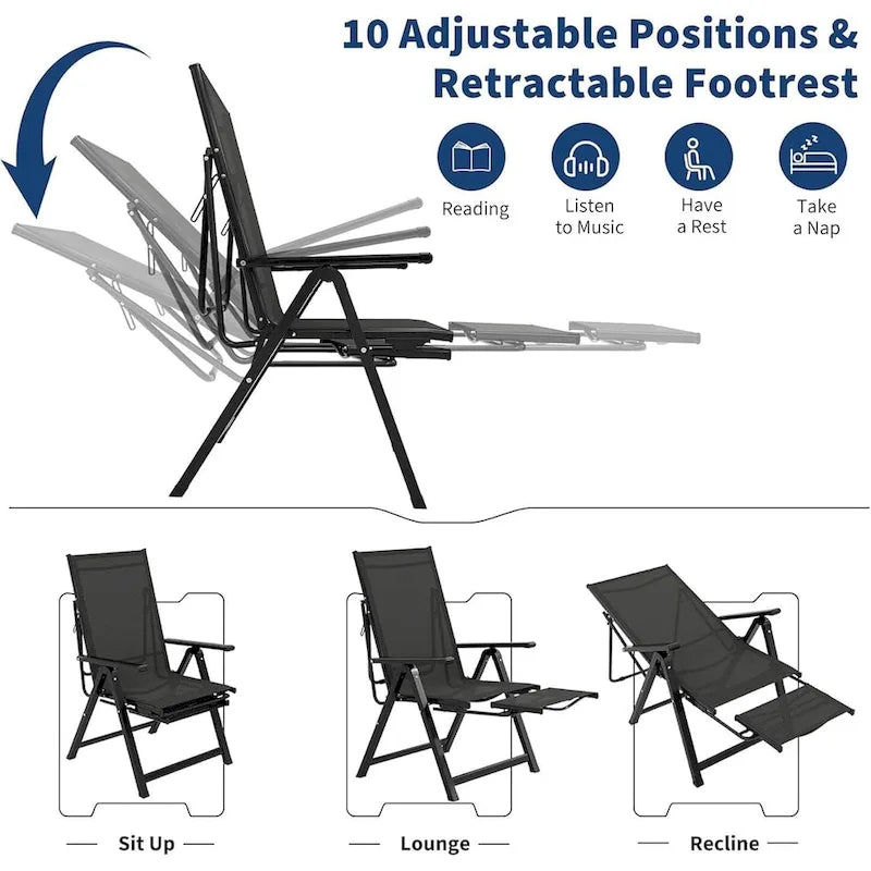 Folding Chaise Lounge Chair with10 Adjustable Positions and Retractable Footrest