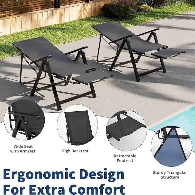 Folding Chaise Lounge Chair with10 Adjustable Positions and Retractable Footrest