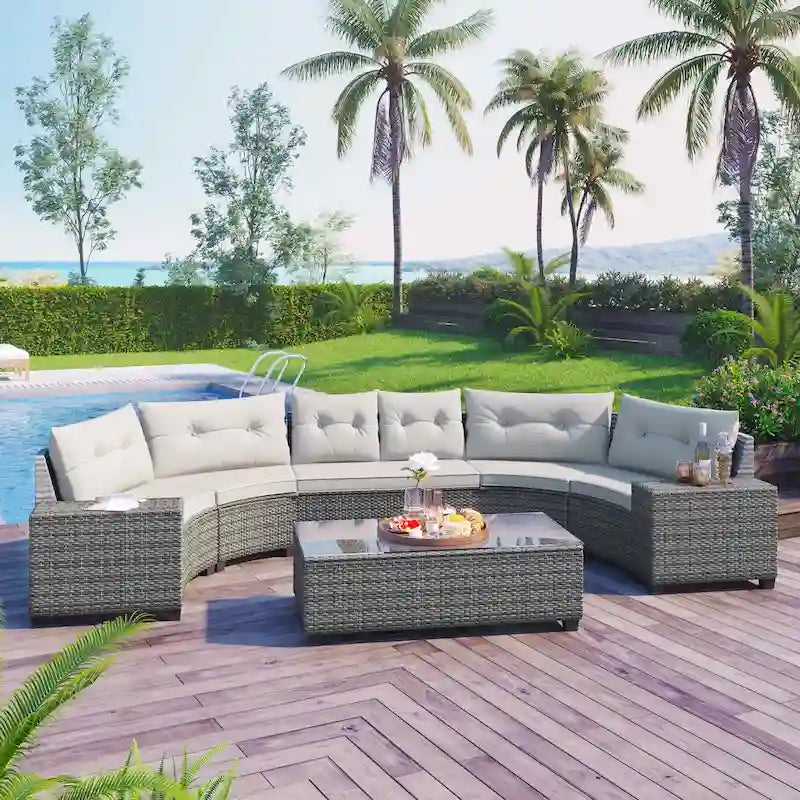 8-Piece Outdoor Wicker Curved Sectional Sofa Set with Coffee Table