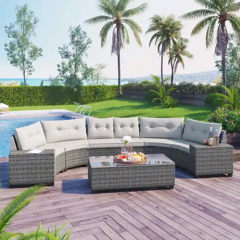 8-Piece Outdoor Wicker Curved Sectional Sofa Set with Coffee Table