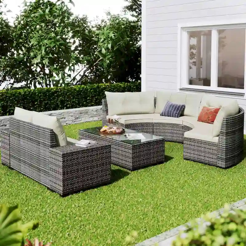 8-Piece Outdoor Wicker Curved Sectional Sofa Set with Coffee Table