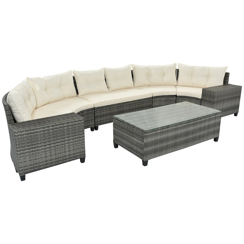 8-Piece Outdoor Wicker Curved Sectional Sofa Set with Coffee Table