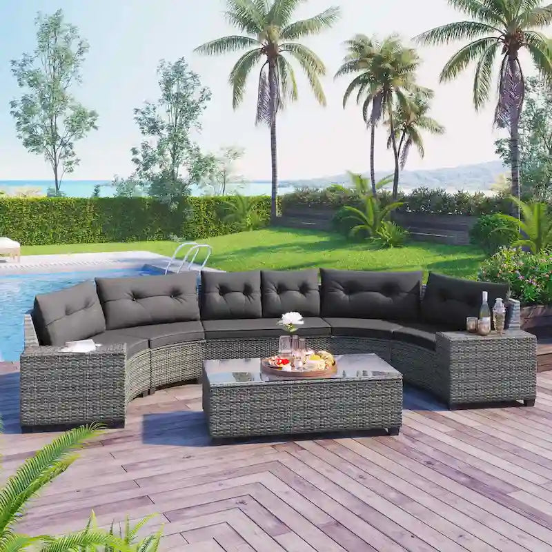 8-Piece Outdoor Wicker Curved Sectional Sofa Set with Coffee Table
