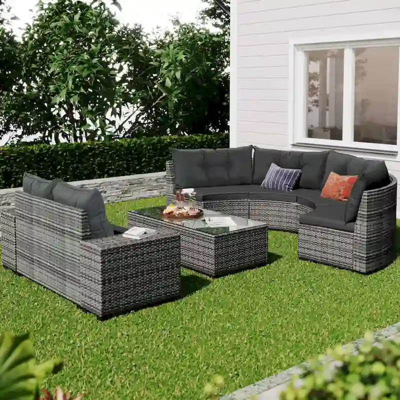 8-Piece Outdoor Wicker Curved Sectional Sofa Set with Coffee Table