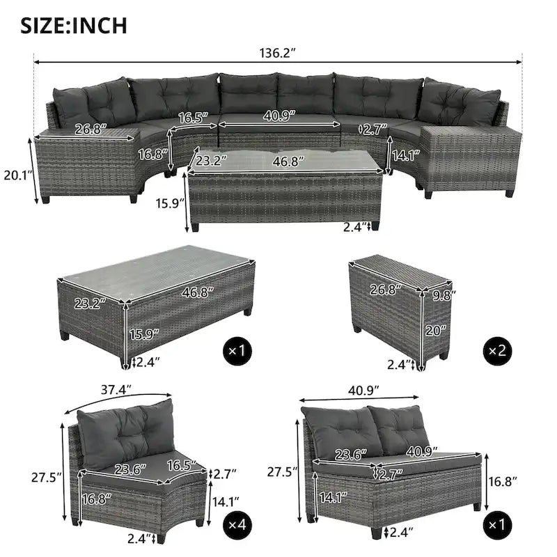 8-Piece Outdoor Wicker Curved Sectional Sofa Set with Coffee Table