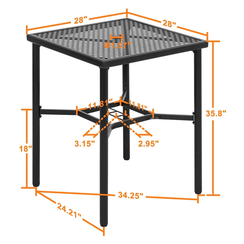Outdoor 28 Inch Square Bar Table with Mesh Top and 1.57-Inch Umbrella Hole