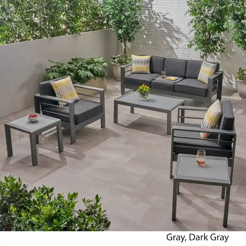 Cape Coral Outdoor 5 Seater Aluminum Sofa Chat Set with 2 Side Tables by Christopher Knight Home