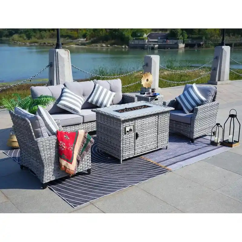 5-Piece Patio Wicker Sofa Set with Firepit Table and Rain cover