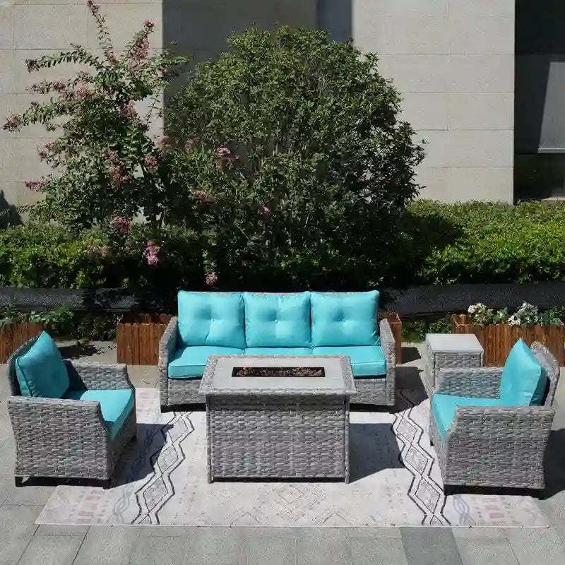 5-Piece Patio Wicker Sofa Set with Firepit Table and Rain cover
