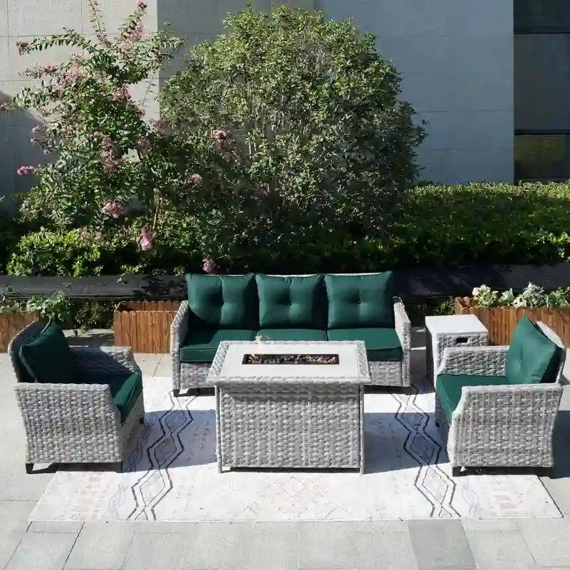 5-Piece Patio Wicker Sofa Set with Firepit Table and Rain cover