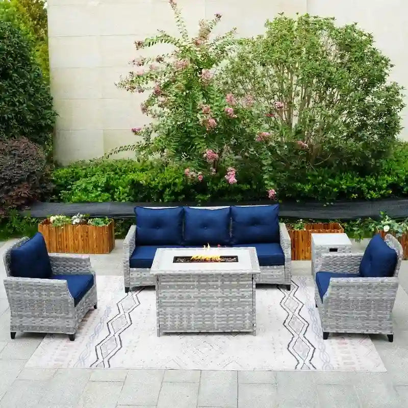 5-Piece Patio Wicker Sofa Set with Firepit Table and Rain cover