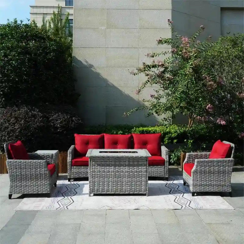 5-Piece Patio Wicker Sofa Set with Firepit Table and Rain cover