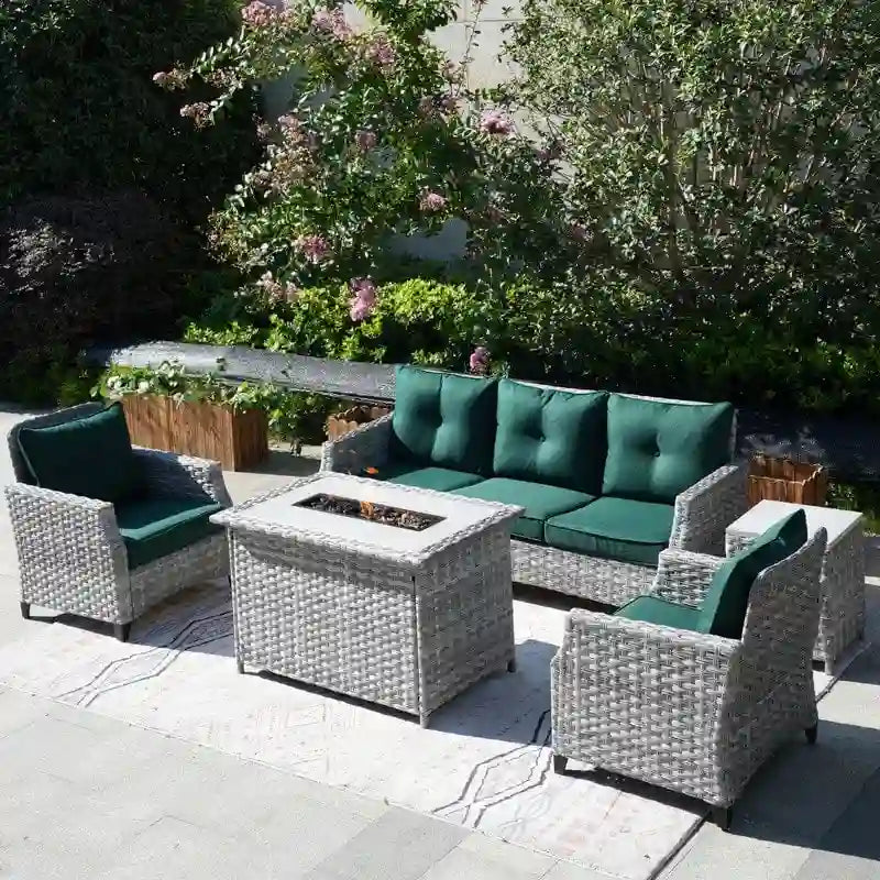 5-Piece Patio Wicker Sofa Set with Firepit Table and Rain cover