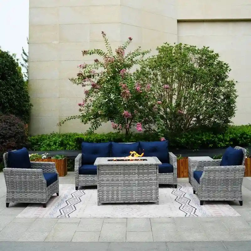 5-Piece Patio Wicker Sofa Set with Firepit Table and Rain cover