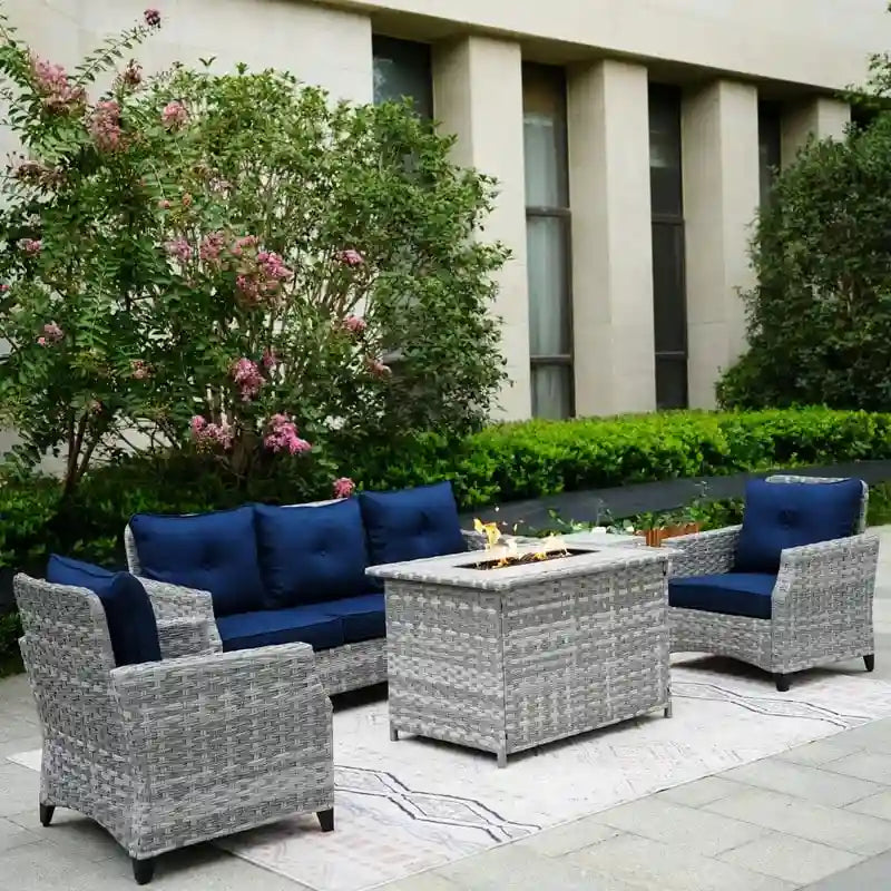 5-Piece Patio Wicker Sofa Set with Firepit Table and Rain cover