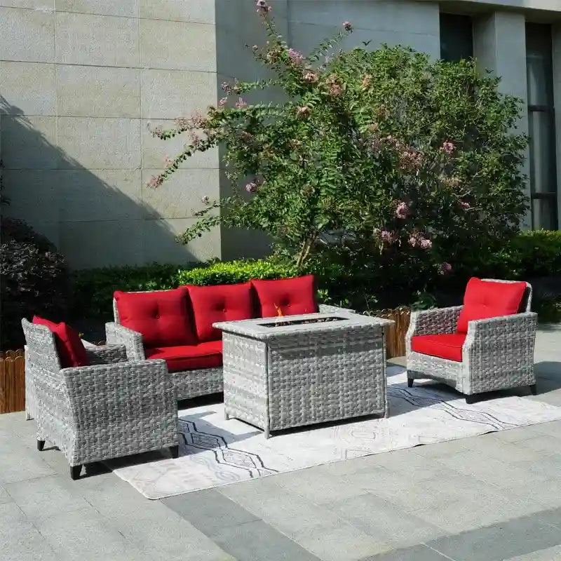5-Piece Patio Wicker Sofa Set with Firepit Table and Rain cover