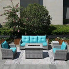 5-Piece Patio Wicker Sofa Set with Firepit Table and Rain cover