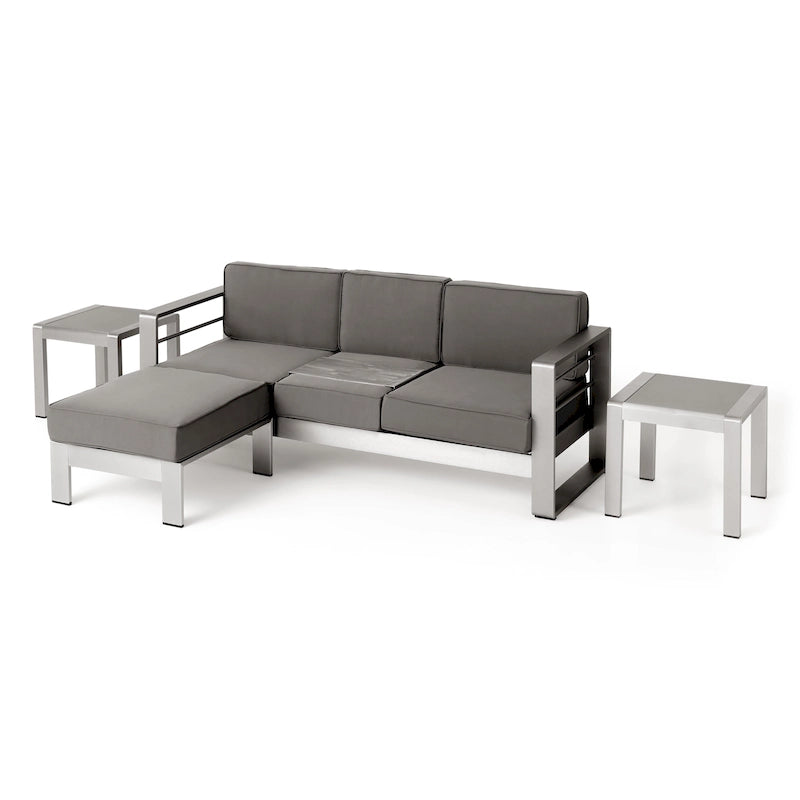 Cape Coral Outdoor 3 Seater Aluminum Sofa and Ottoman Set with Side Tables by Christopher Knight Home