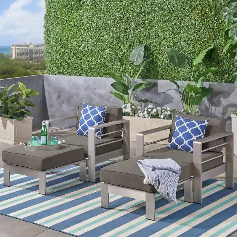 Cape Coral Outdoor 2-Seater Aluminum Club Chair Chat Set with Ottomans by Christopher Knight Home