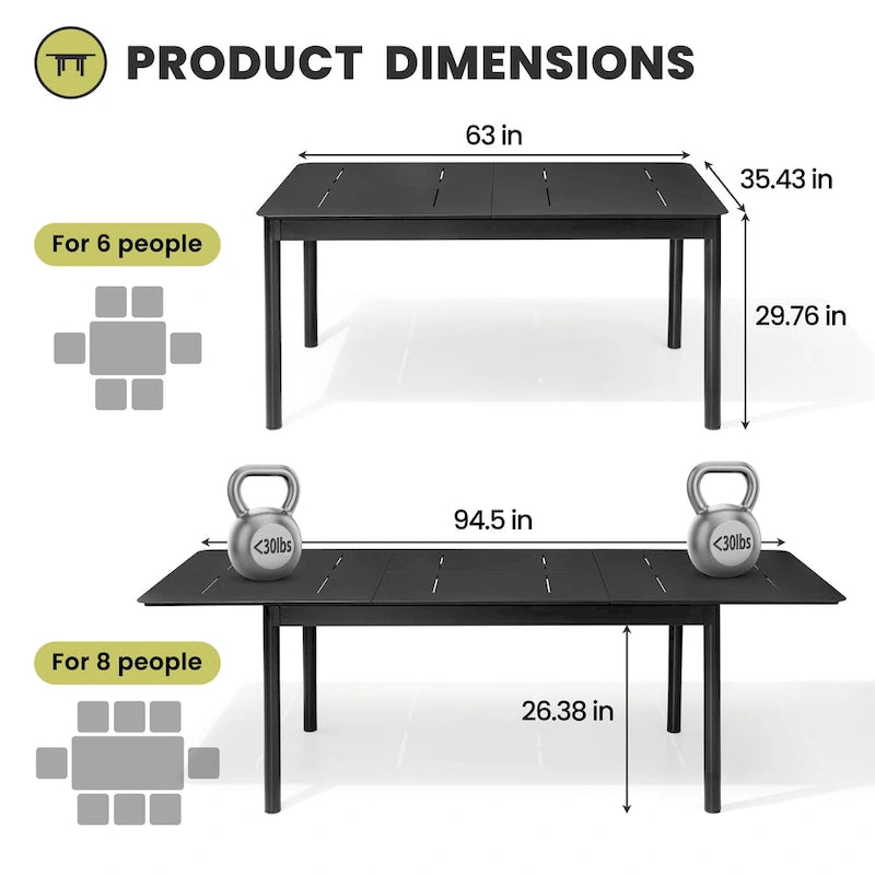 All-aluminum Outdoor Dining Table Extension for 6 or 8 Seats - 63 /94.5  L x 35.43  W x 29.76  H