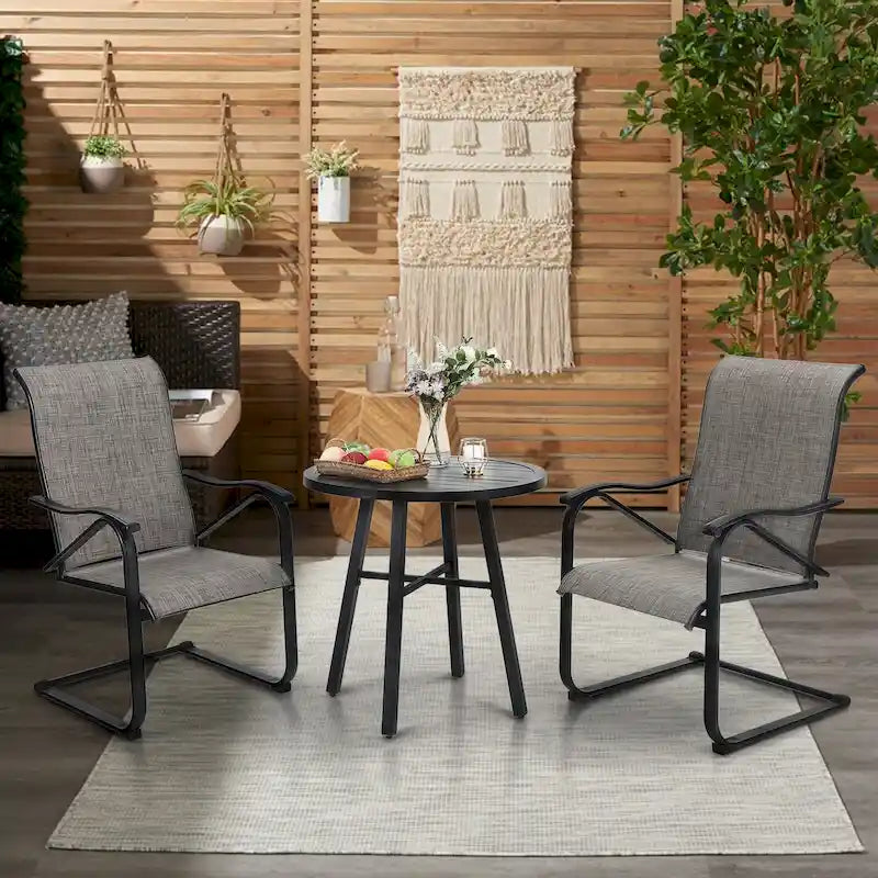 3 Piece Outdoor Bistro Dining Table Set, Round Slatted Metal Table & 2 Spring Motion Chairs
