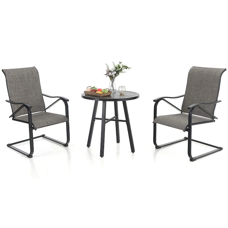 3 Piece Outdoor Bistro Dining Table Set, Round Slatted Metal Table & 2 Spring Motion Chairs