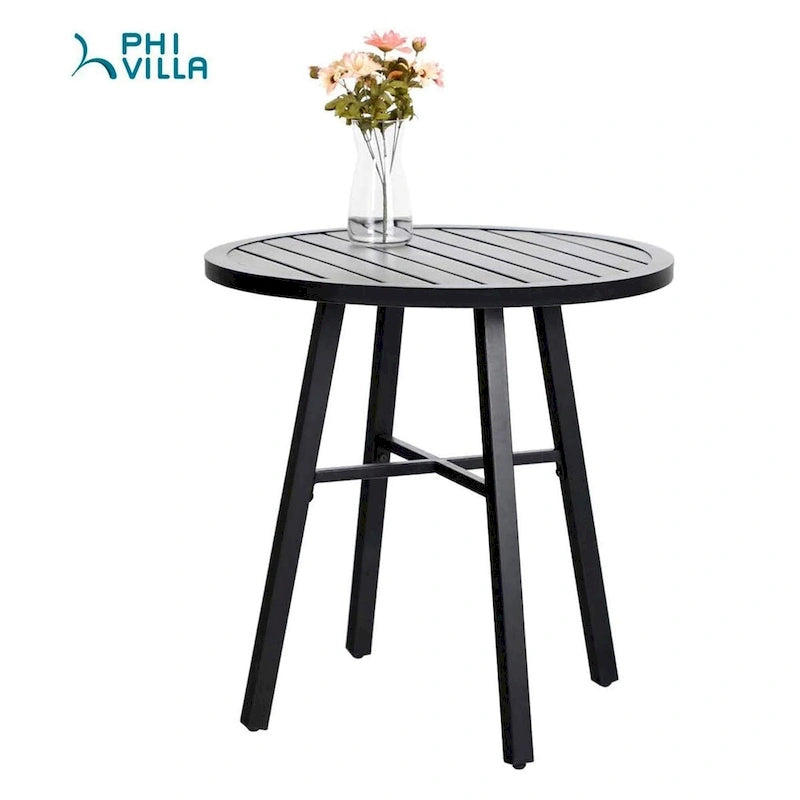 3 Piece Outdoor Bistro Dining Table Set, Round Slatted Metal Table & 2 Spring Motion Chairs