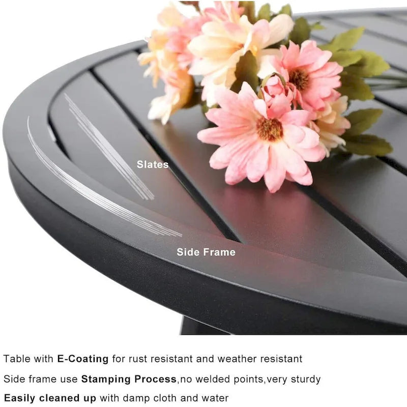 3 Piece Outdoor Bistro Dining Table Set, Round Slatted Metal Table & 2 Spring Motion Chairs