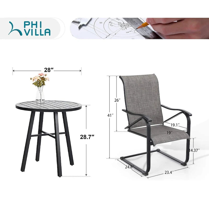 3 Piece Outdoor Bistro Dining Table Set, Round Slatted Metal Table & 2 Spring Motion Chairs