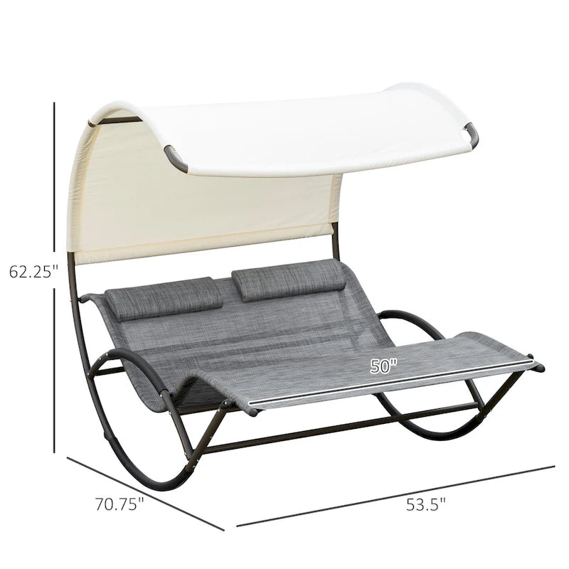 Outsunny Outdoor Double Chaise Rocking Chair, Day Bed Sun Lounger with Canopy Shade, Headrest Pillow, Armrests
