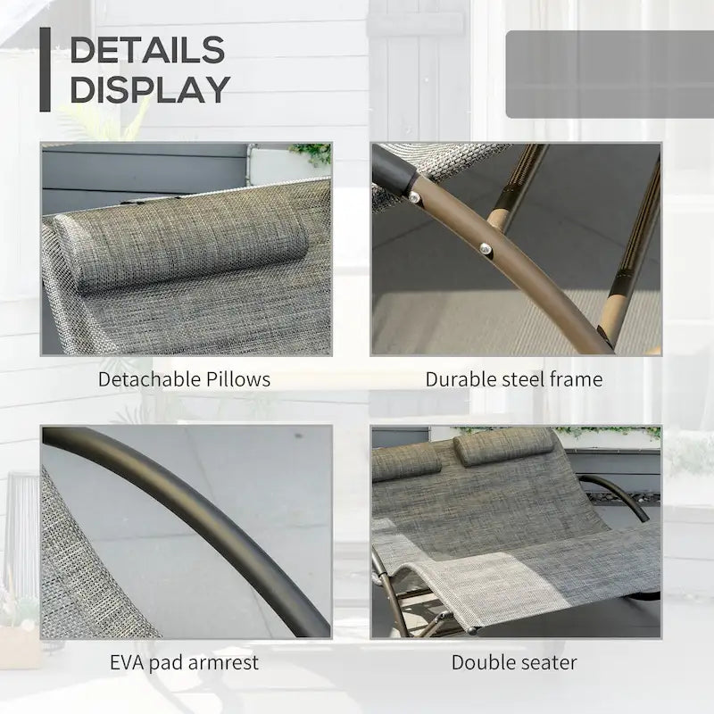Outsunny Outdoor Double Chaise Rocking Chair, Day Bed Sun Lounger with Canopy Shade, Headrest Pillow, Armrests