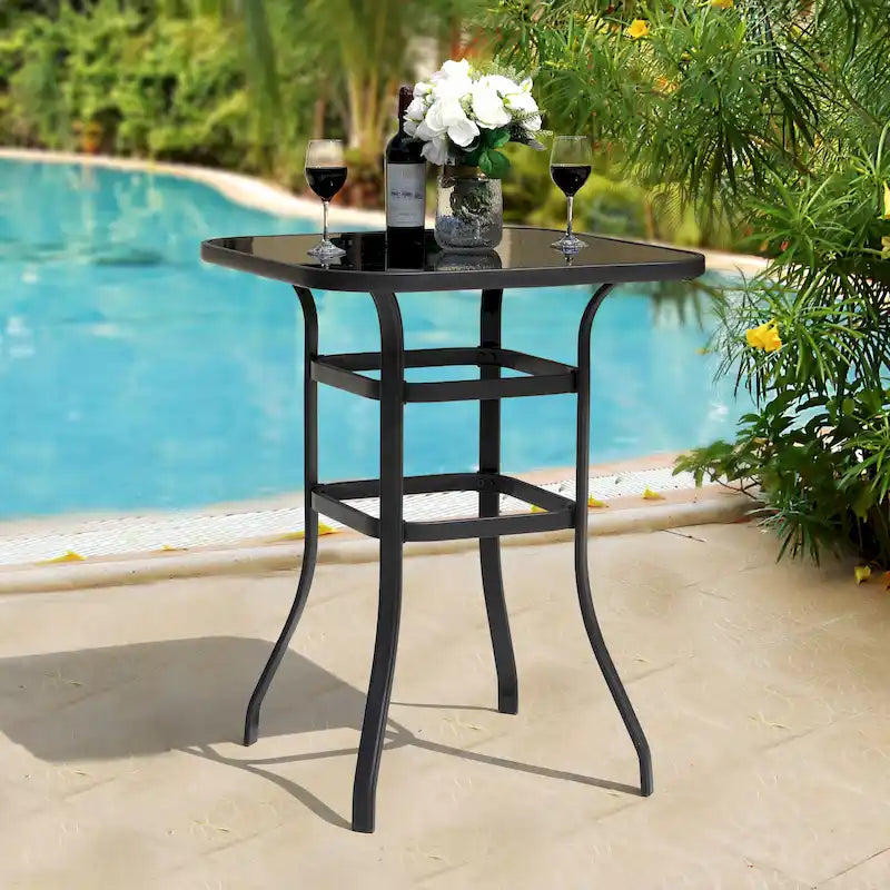 Outdoor 32 Inch Square Bar Table with Silk Screen Glass Tabletop