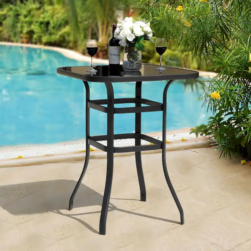 Outdoor 32 Inch Square Bar Table with Silk Screen Glass Tabletop