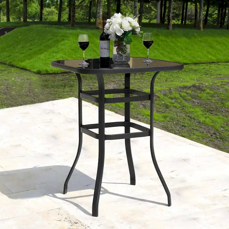 Outdoor 32 Inch Square Bar Table with Silk Screen Glass Tabletop
