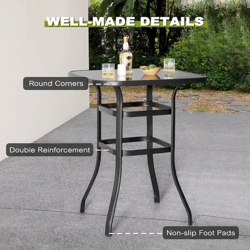 Outdoor 32 Inch Square Bar Table with Silk Screen Glass Tabletop