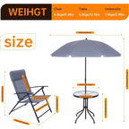 4 Piece Patio Dining Set, Garden Furniture Bistro Set with Tilted Removable Umbrella, 2 Folding Chairs, Round Glass Table (Grey)