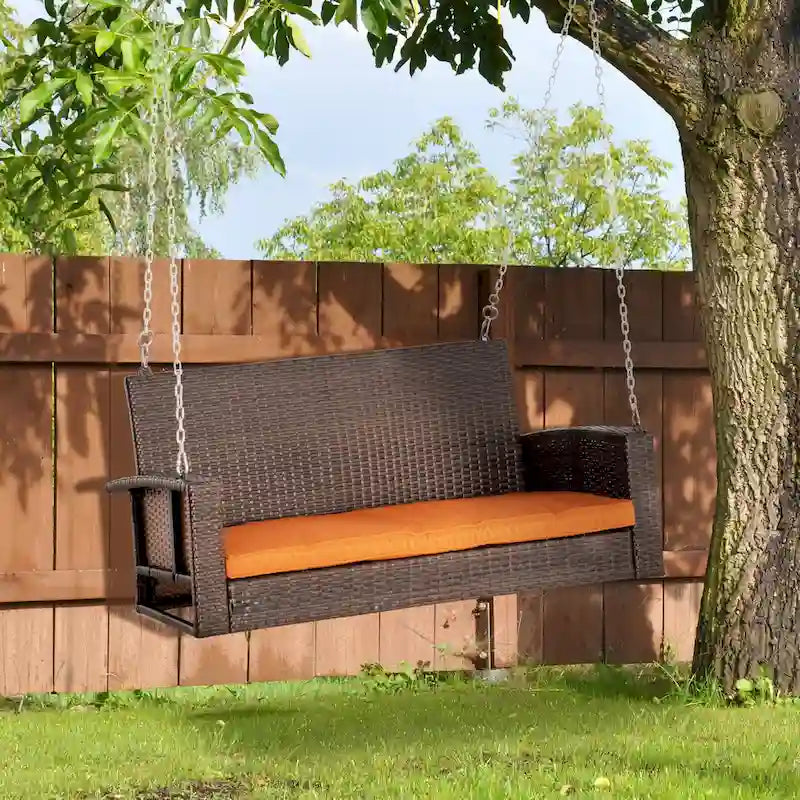 Outsunny 2 Person Wicker Hanging Swing Bench, Front Porch Swing Outdoor Chair with Cushions 550 lbs