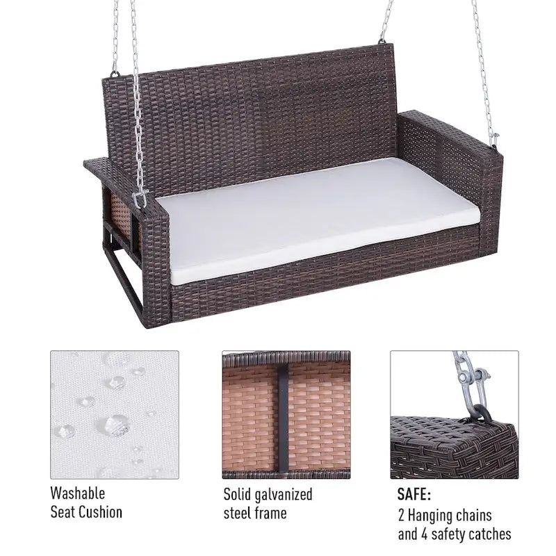 Outsunny 2 Person Wicker Hanging Swing Bench, Front Porch Swing Outdoor Chair with Cushions 550 lbs