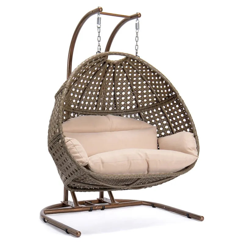 Charcoal Wicker Hanging Double-Seat Swing Chair with Stand with Cushion