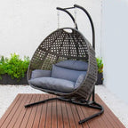 Charcoal Wicker Hanging Double-Seat Swing Chair with Stand with Cushion