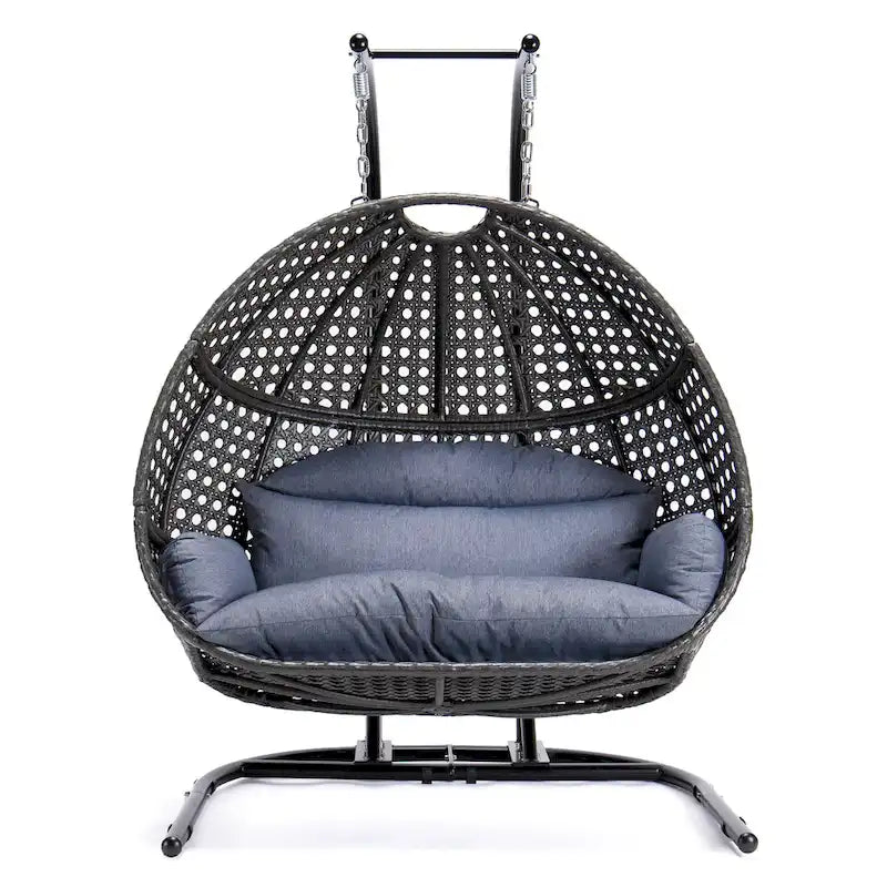 Charcoal Wicker Hanging Double-Seat Swing Chair with Stand with Cushion