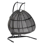 Charcoal Wicker Hanging Double-Seat Swing Chair with Stand with Cushion